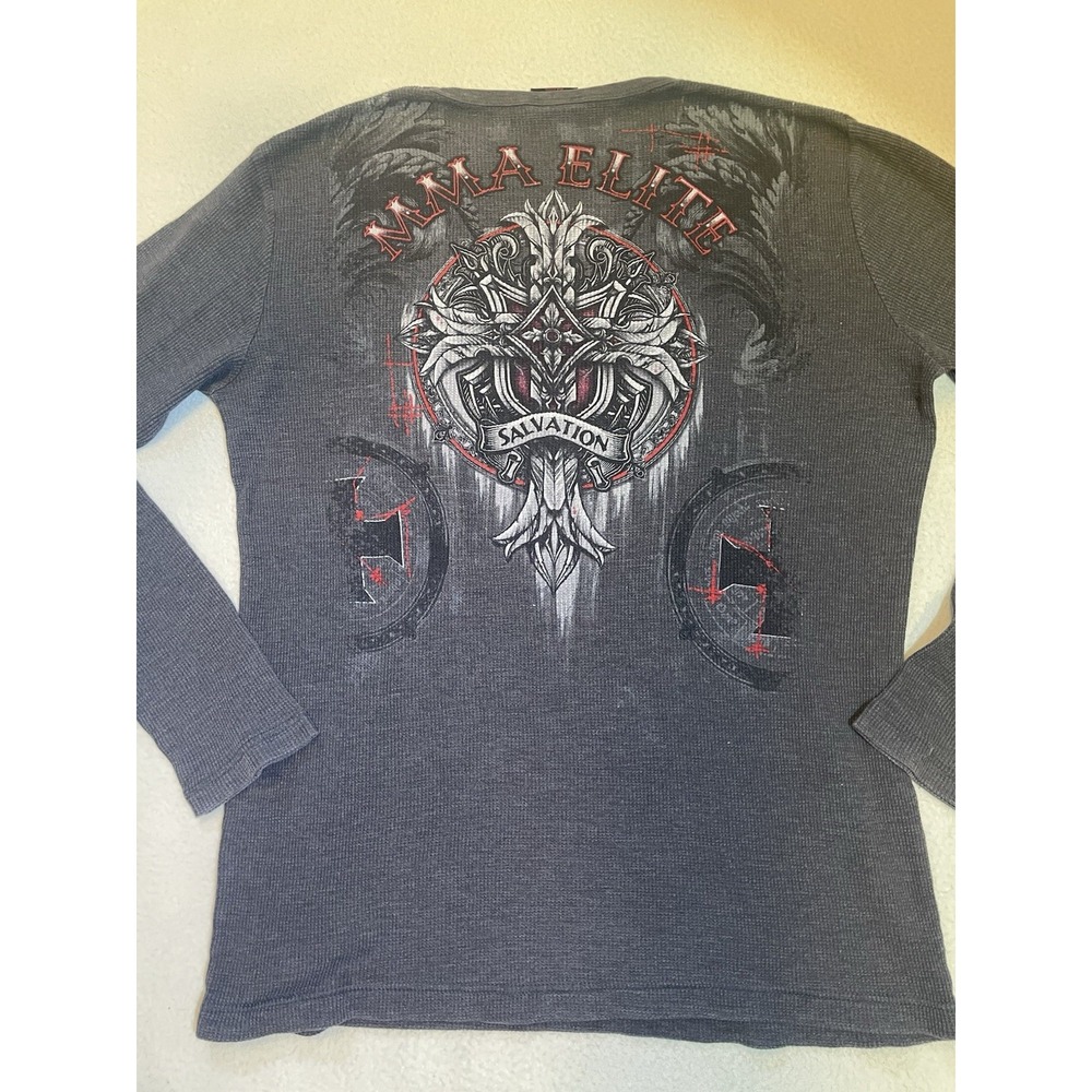 Vintage MMA Elite Thermal Shirt Mens Size L‎ Long Sleeve Gray Skull Cross